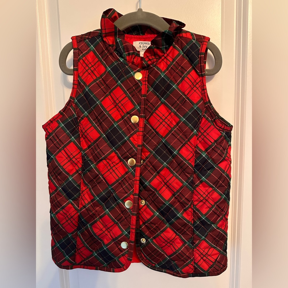 Girls, red plaid, Crown & Ivy vest, size 5.